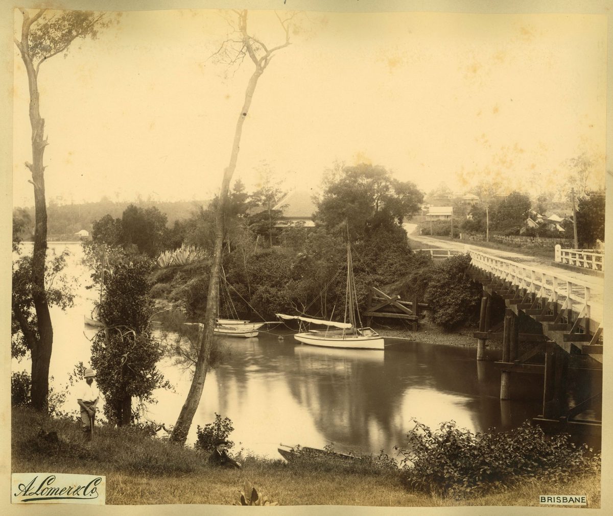 Small sailing boats moored in the creek below the bridge, Norman Creek, Brisbane, 1889