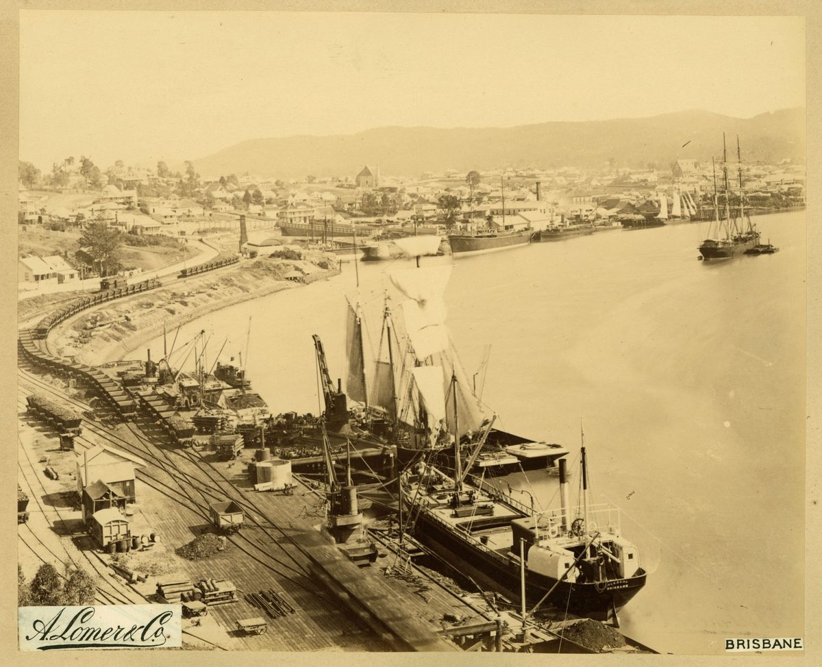 Ships moored at the South Brisbane coal wharves, South Brisbane, 1889