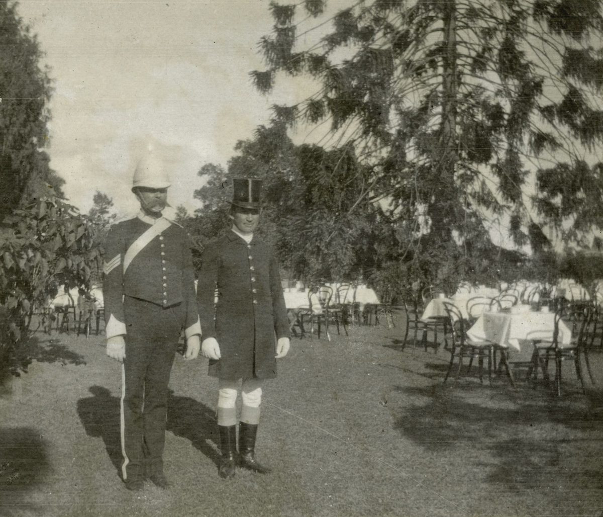 Sgt. Hart and coachman Clarke preparing for a garden party at Government House, Brisbane, May 1908