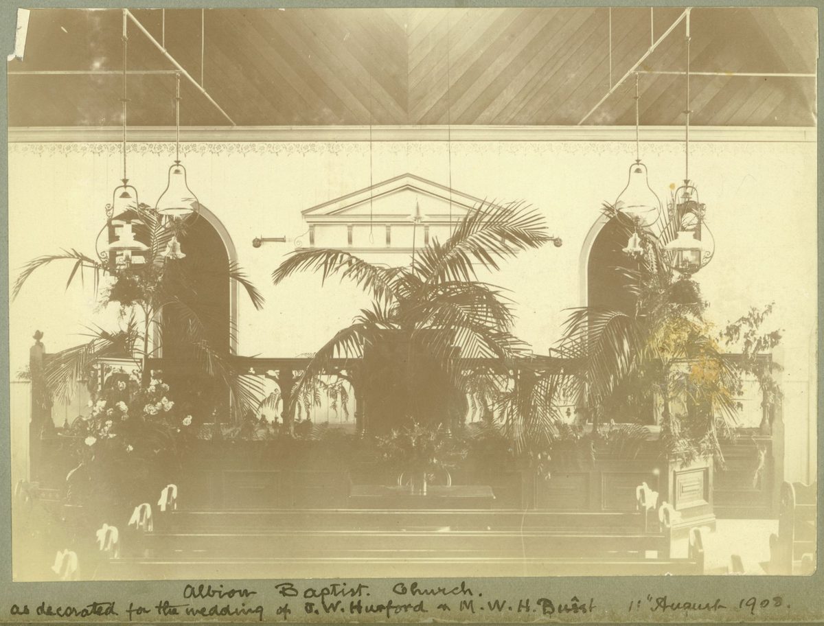 Interior of Albion Baptist Church, Brisbane decorated for a wedding
