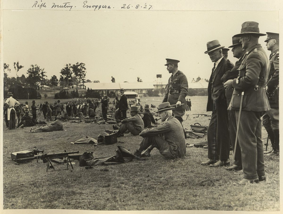 Sir John Goodwin, Queensland Governor seated at the Enoggera Army Camp, Brisbane, 1927