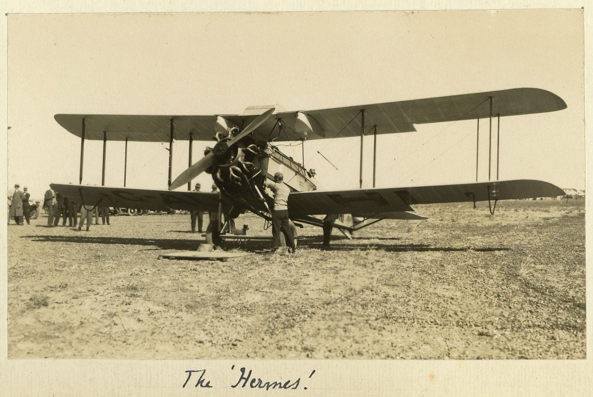 Qantas biplane, Hermes on the runway at Longreach, Queensland
