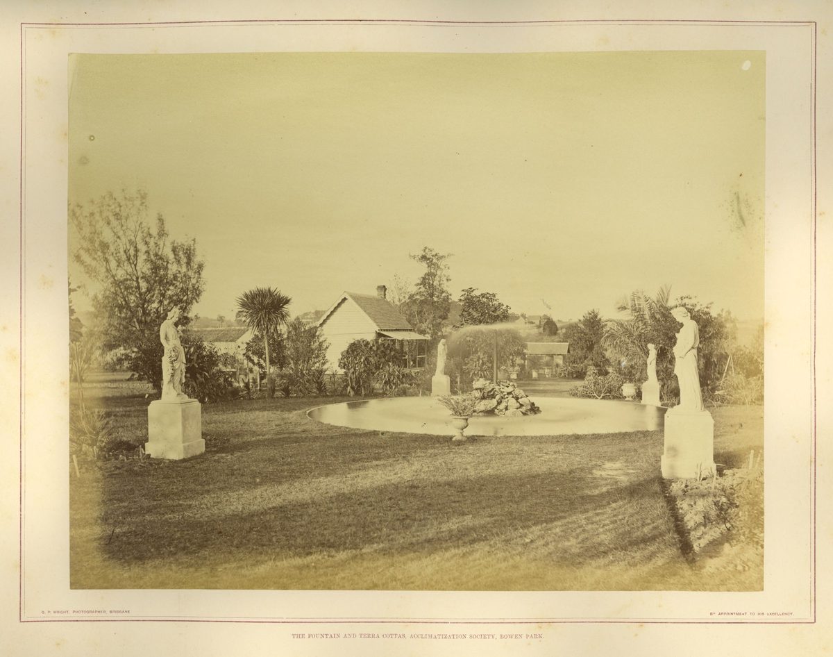 Fountain surrounded by terracotta statues, Acclimatization Society, Bowen Park, Brisbane, 1875