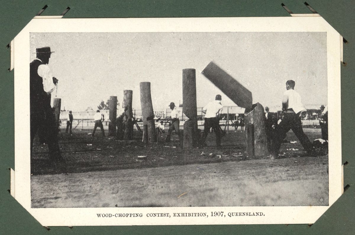 Cut clean through, wood chopping competition at the Exhibition, 1907