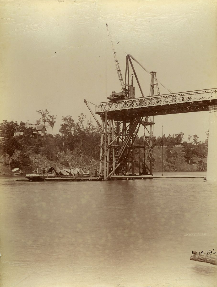 Construction of the Indooroopilly Railway Bridge viewed from the south end, January 1895