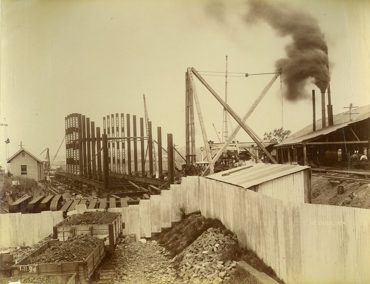 Start of the Indooroopilly Railway Bridge next to the railway workshops, Indooroopilly, Brisbane