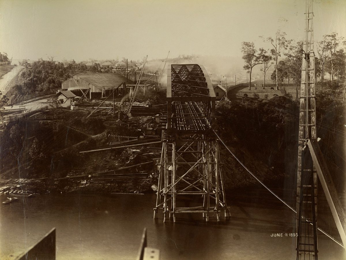 Indooroopilly Railway Bridge during construction, Brisbane, Queensland, June 1895
