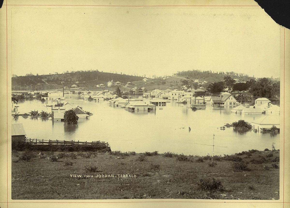 View of the Brisbane River in flood from Jordan Terrace, Bowen Hill, Queensland, 1893