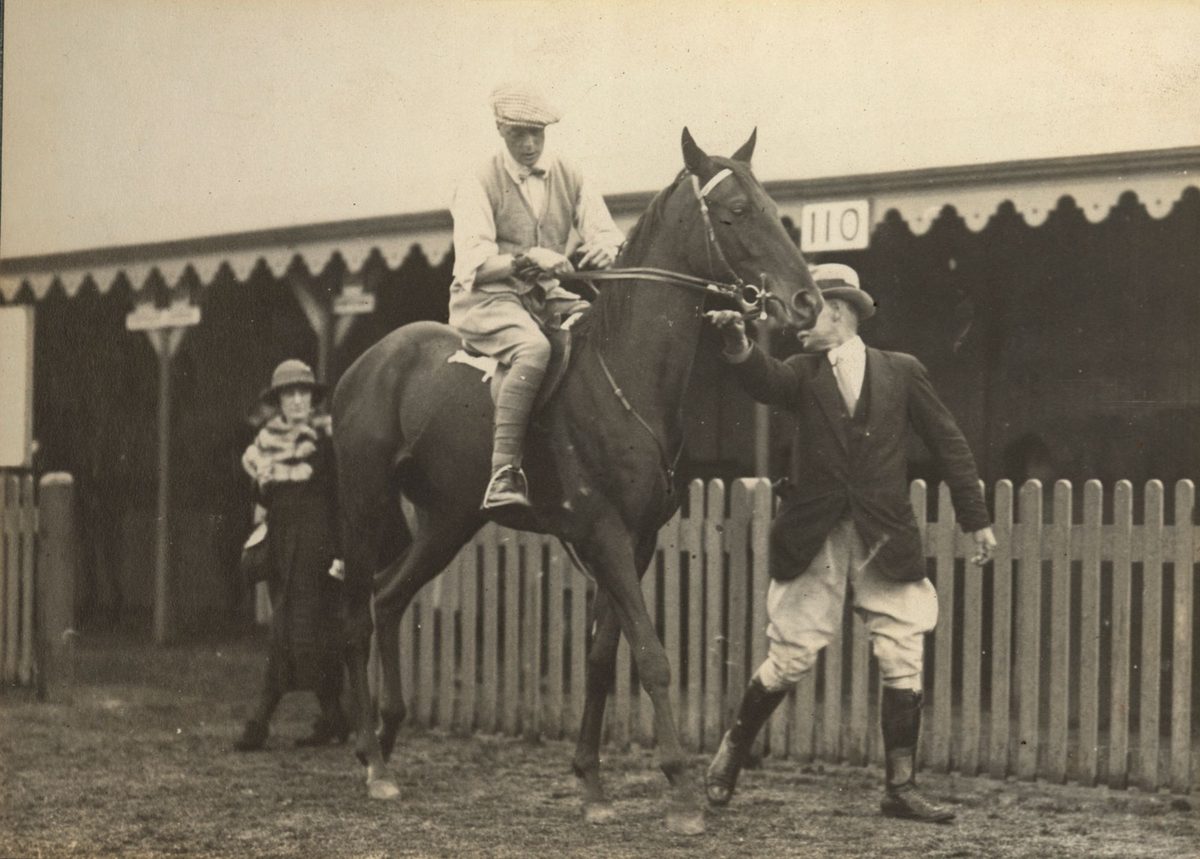 Edward, Prince of Wales mounted on a black thoroughbred, possibly at Ascot, Brisbane
