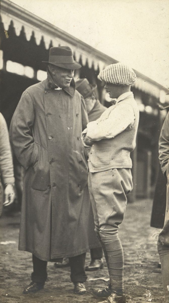 Prince of Wales chats to a grazier at the racetrack at Ascot, 1920