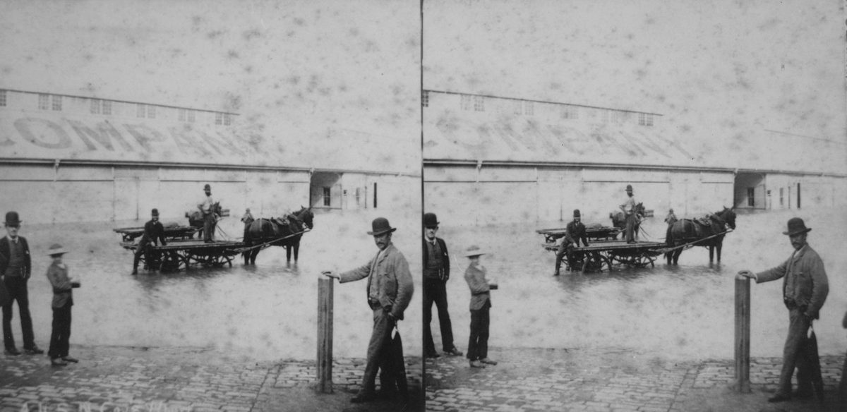 Horse and cart riding through the floodwaters on Brisbane's Mary Street, 1890