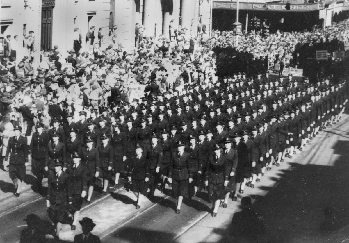 Service women marching in the Victory March on V. E. Day, Brisbane, 1945
