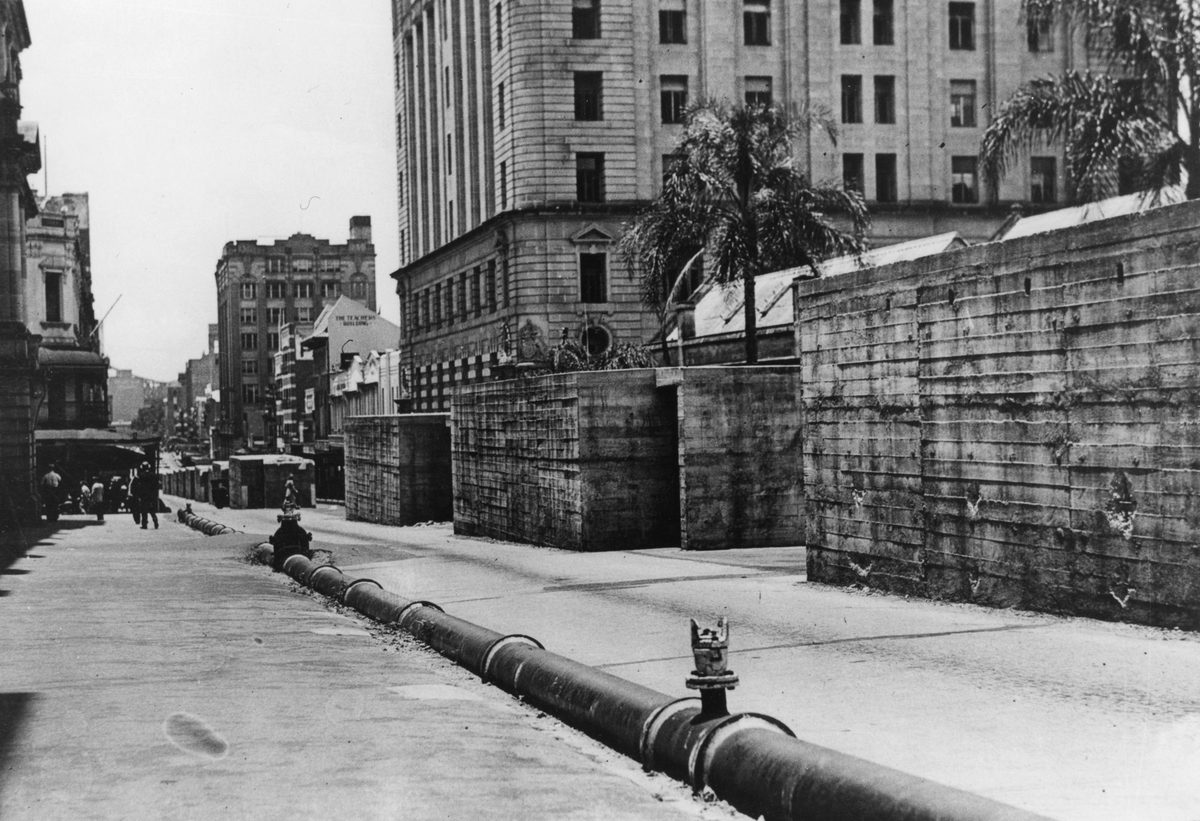Air raid shelters down Elizabeth Street, Brisbane, 1942
