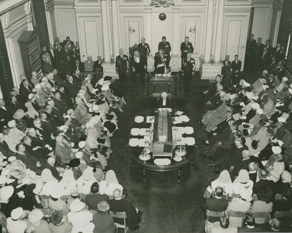 Sir John Dudley Lavarack being sworn in as Governor of Queensland, Parliament House, Brisbane, 1 October 1946