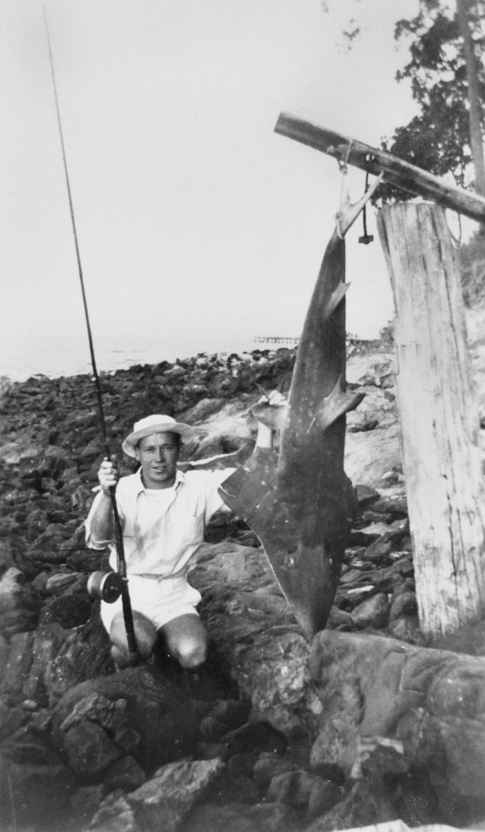 Shovel nosed ray shark being displayed by a fisherman at Sandgate, 1936