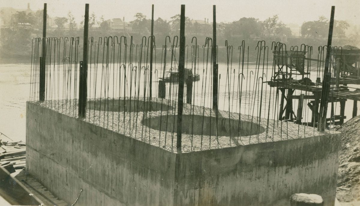 View from the top of the cylinder supporting the Grey Street Bridge, July 1929