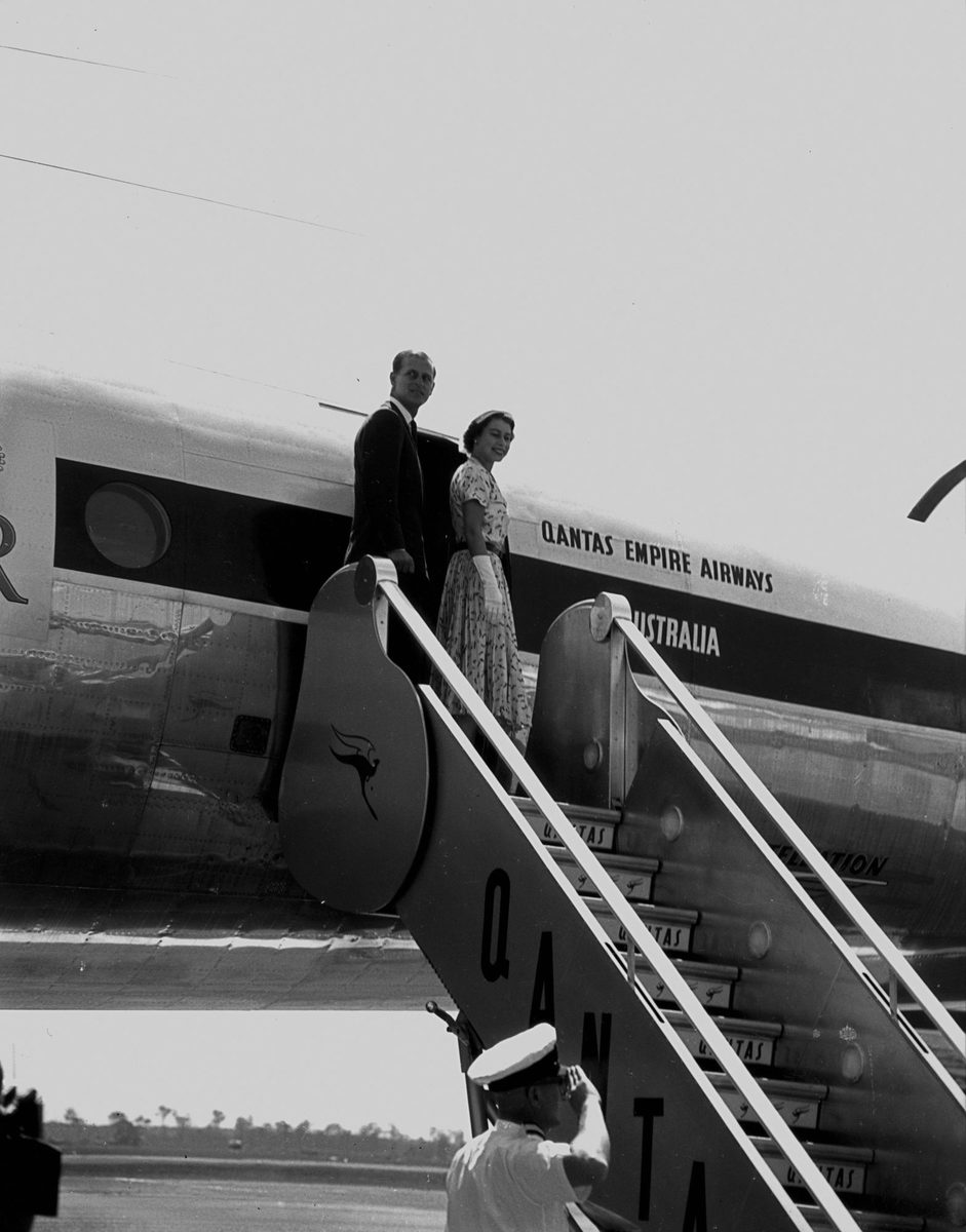 Queen Elizabeth II and Prince Philip boarding the Royal Aeroplane after their Queensland visit in March 1954