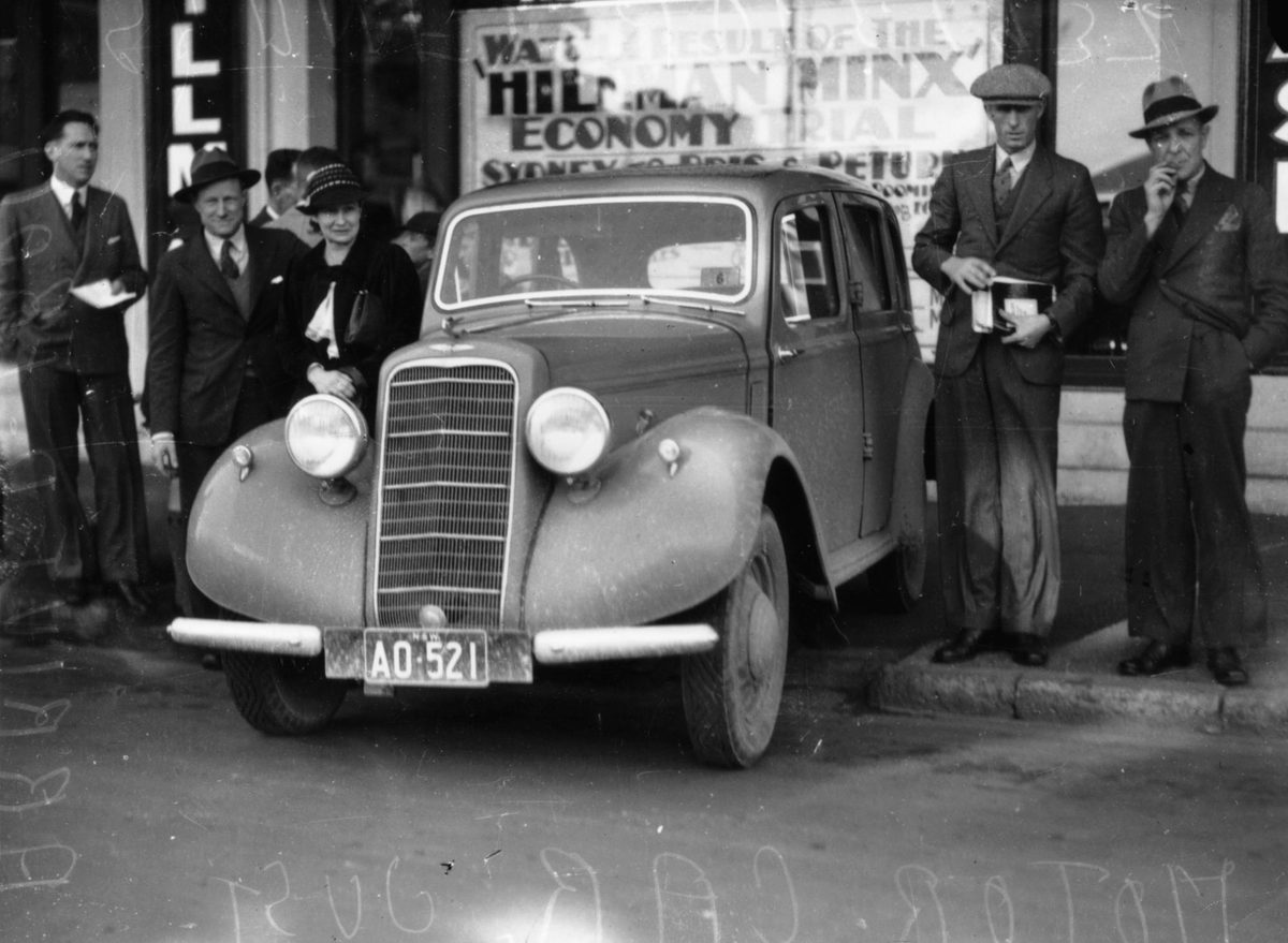 Hillman Minx Saloon arriving from Sydney on an Economy Trial, July 1937