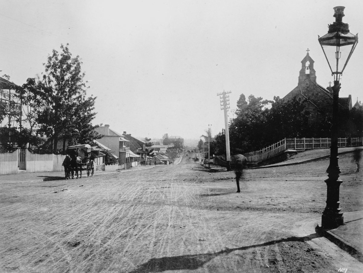 Looking south down Ann Street from the corner of Wharf Street, Brisbane, 1889