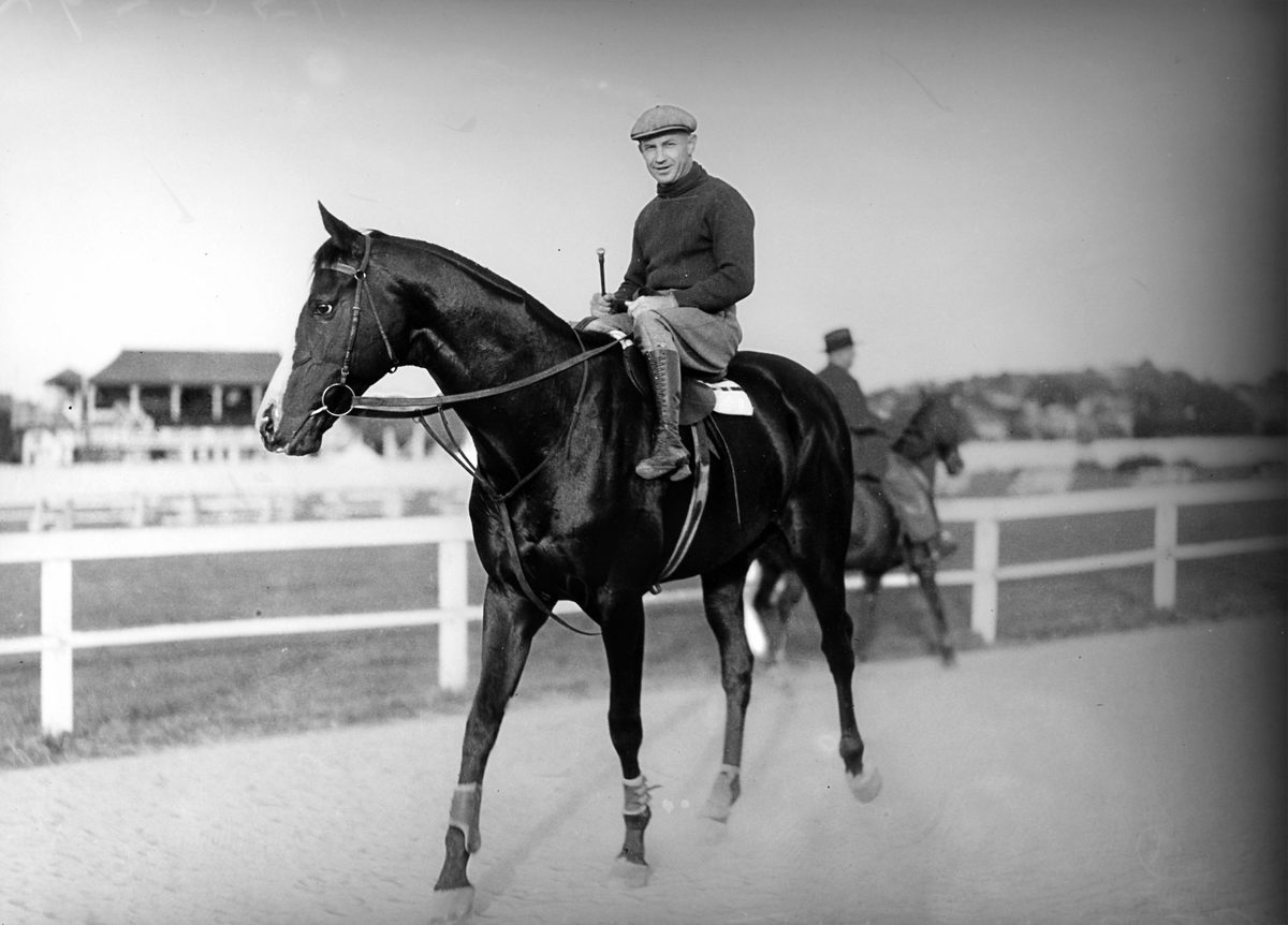 Champion racehorse, St. Constant, on the training track, 1940