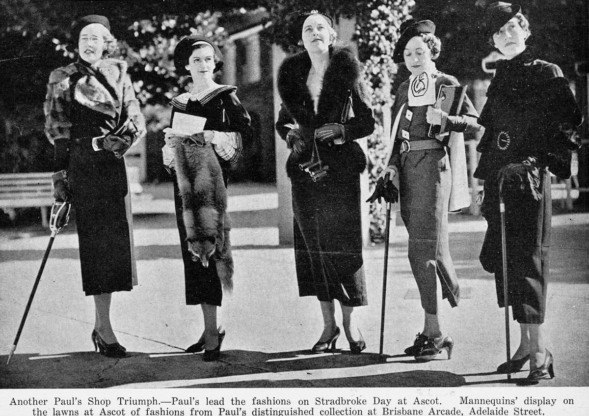 Modelling clothing and furs at Ascot Racetrack, Brisbane, June 1935