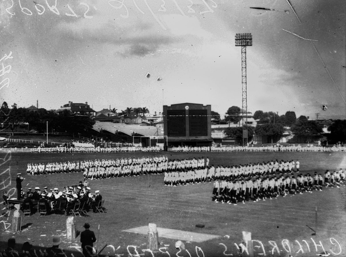 Children performing a marching display at the Exhibition Ground, Brisbane, St. Patrick's Day 1937