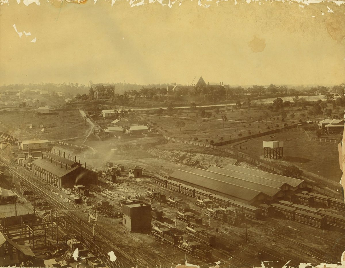 From the Roma Street Railway yards looking up to Wickham Terrace, Brisbane, 1897