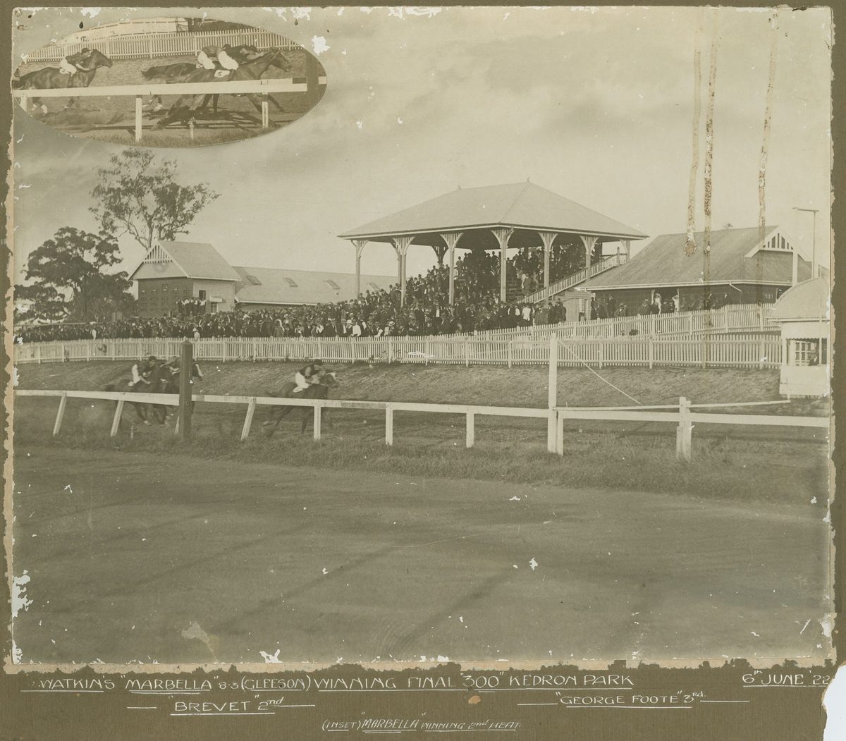 Large crowd watches Marbella win a race at Kedron Park Racetrack, Brisbane, 1922