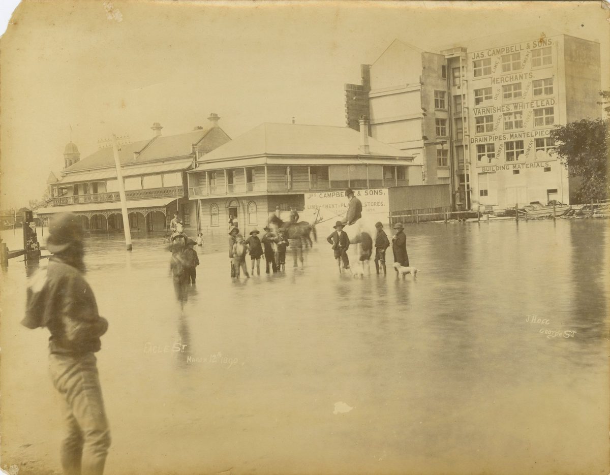 Floodwaters flow through Eagle Street, Brisbane, 1890