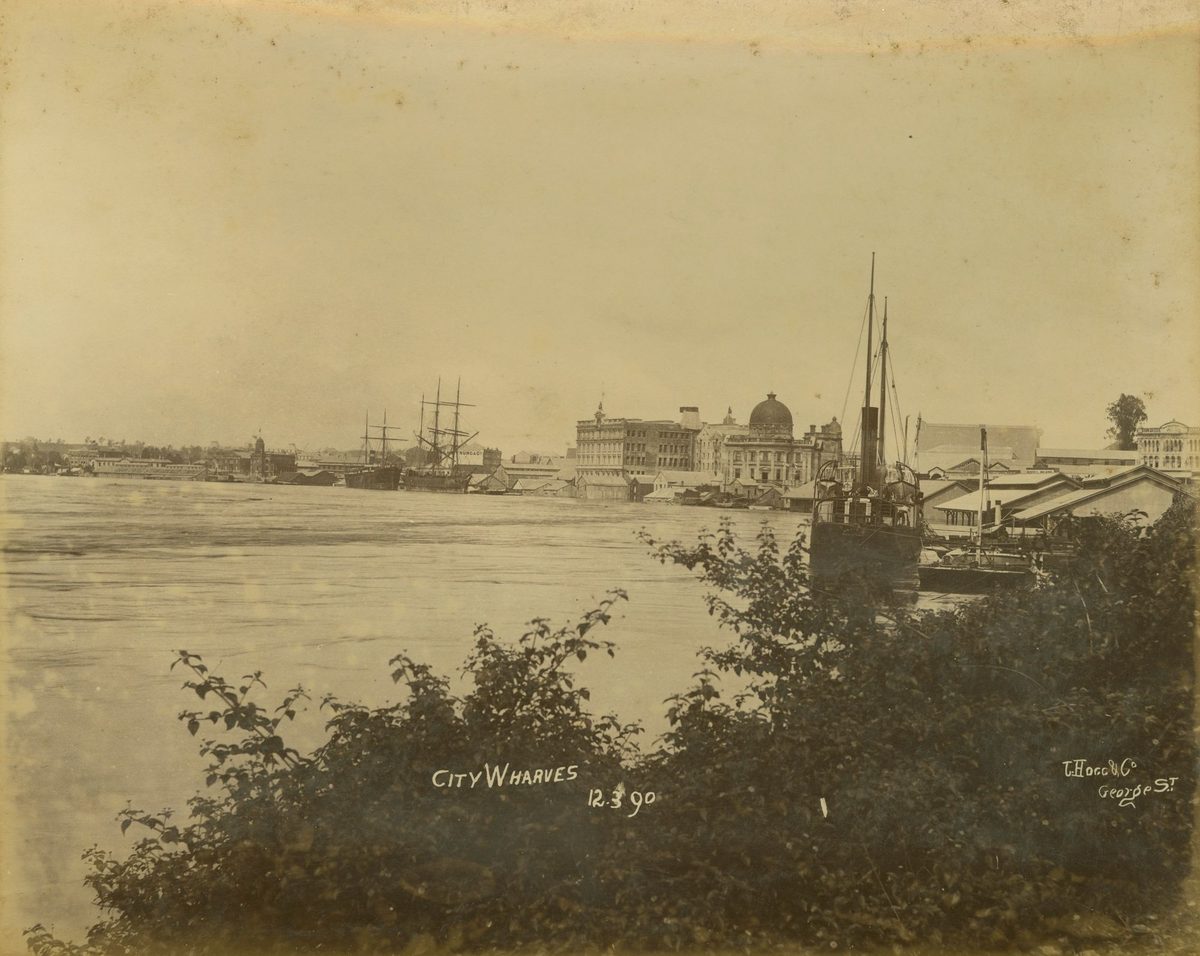 Flooded Brisbane River, looking towards the docks and the Customs House building, 1890