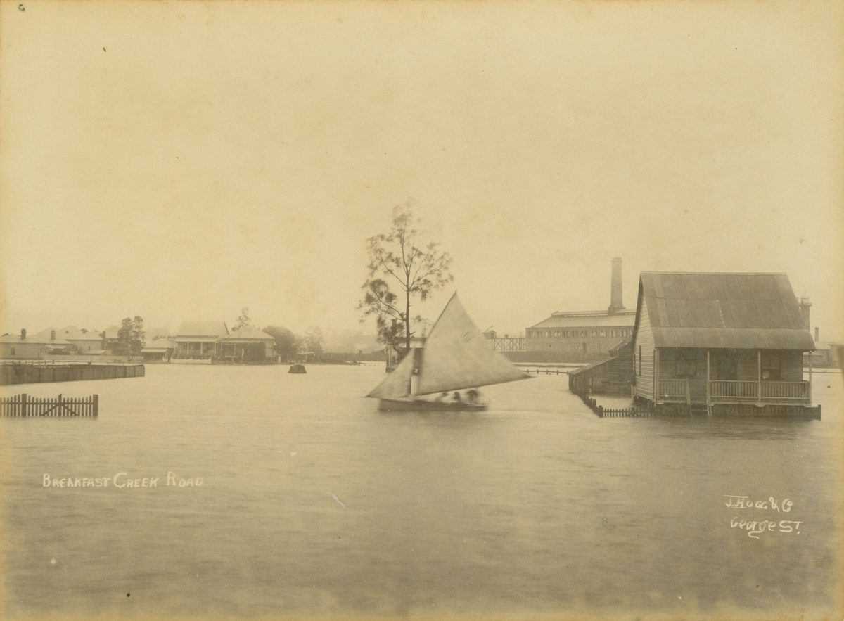 Sailboat on Breakfast Creek Road during the floods, Brisbane, 1890