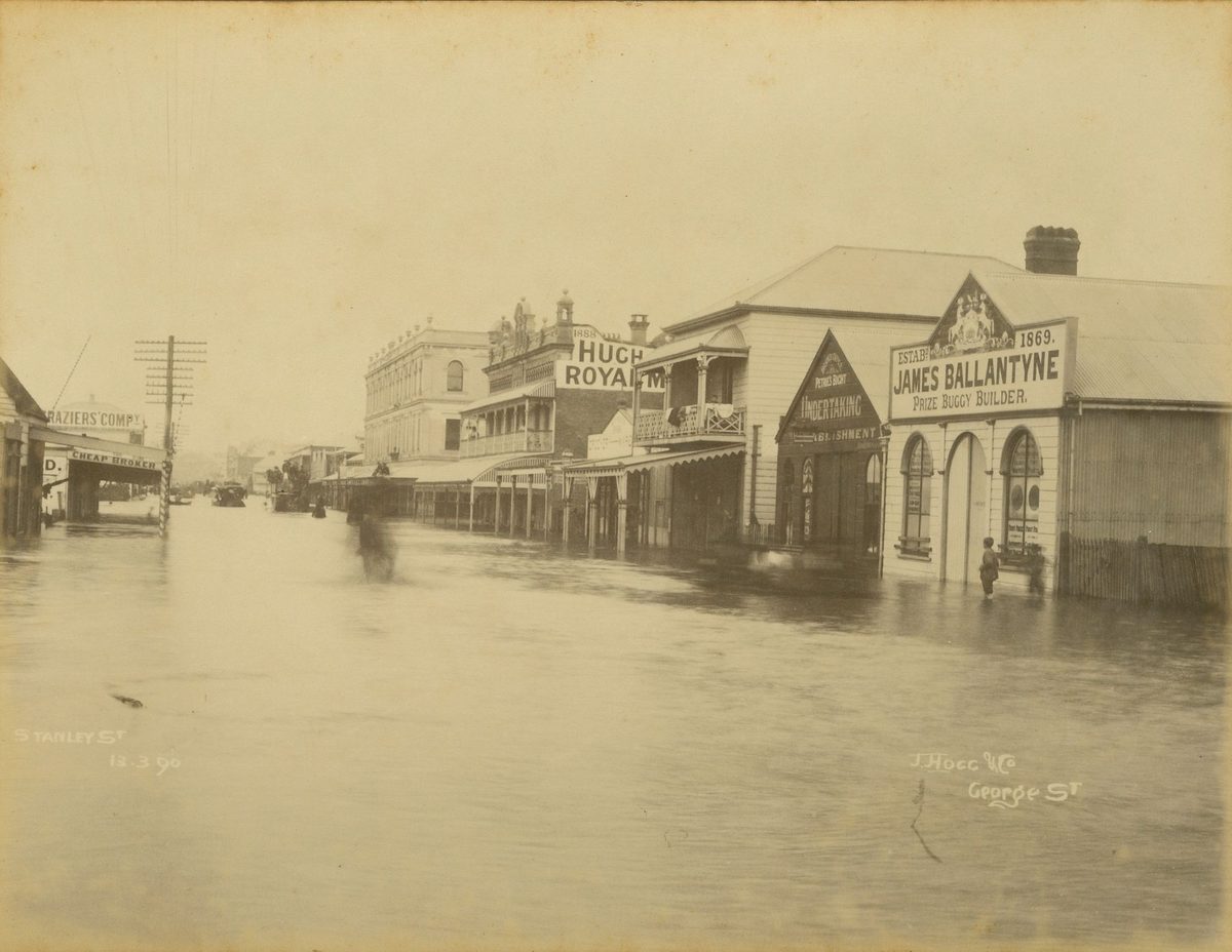 Looking down flooded Stanley Street, South Brisbane, 1890