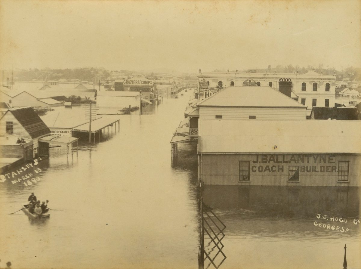 Elevated view looking down flooded Stanley Street, South Brisbane, 1890