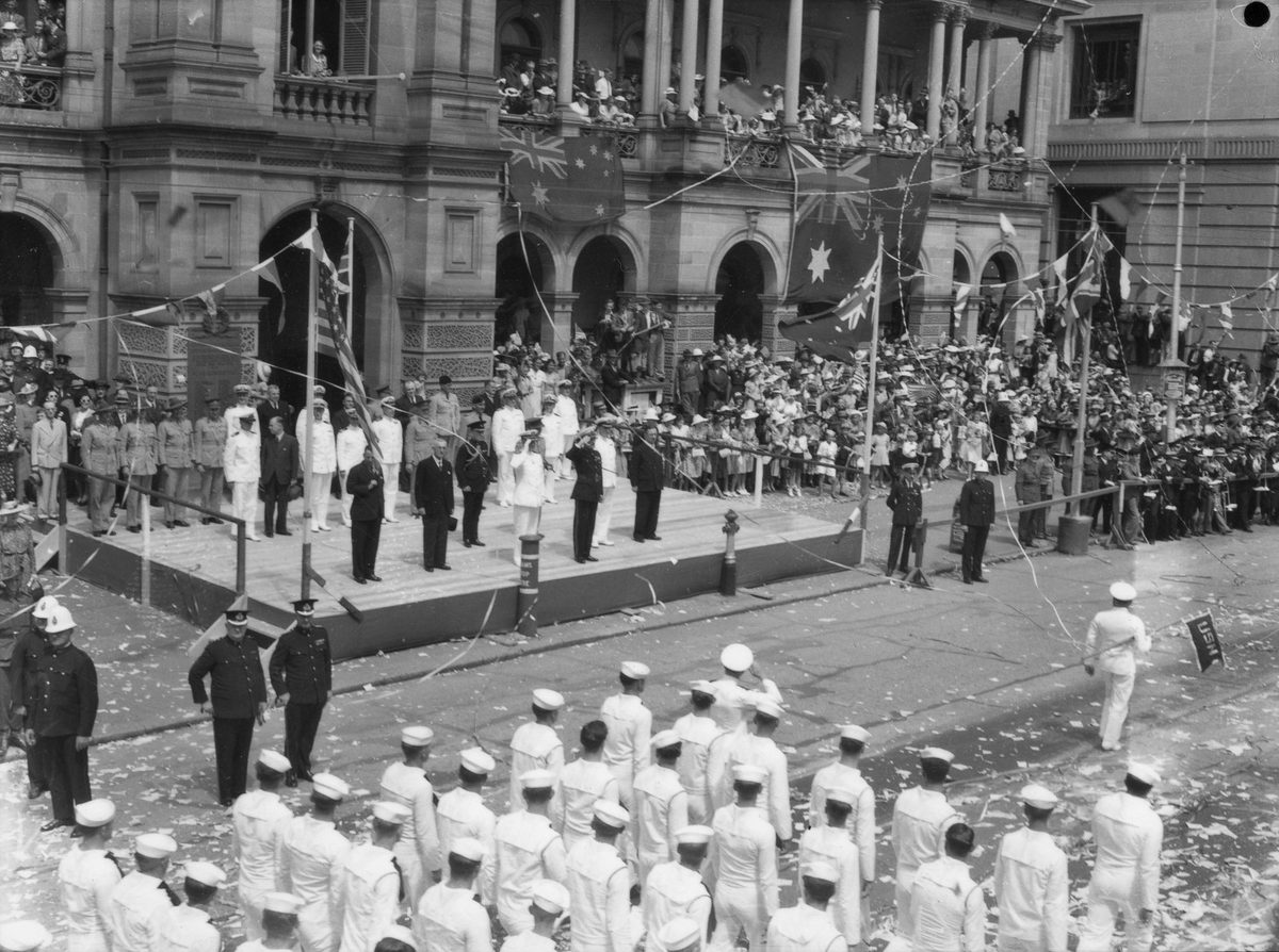 Taking the salute on the steps of the Brisbane Post Office building, Queen Street