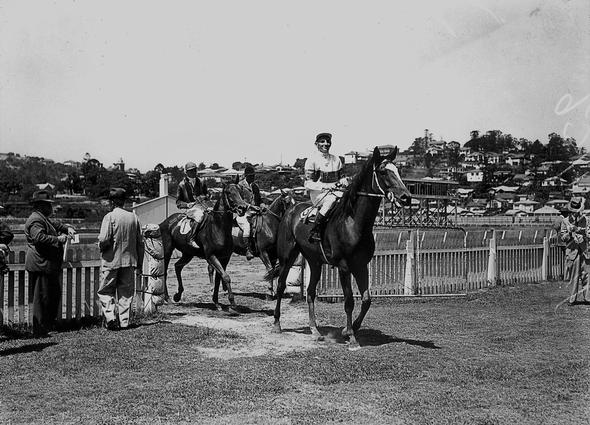 Husheen, ridden by Keith Kerr, a winner at Albion Park racetrack, Brisbane, December 1944