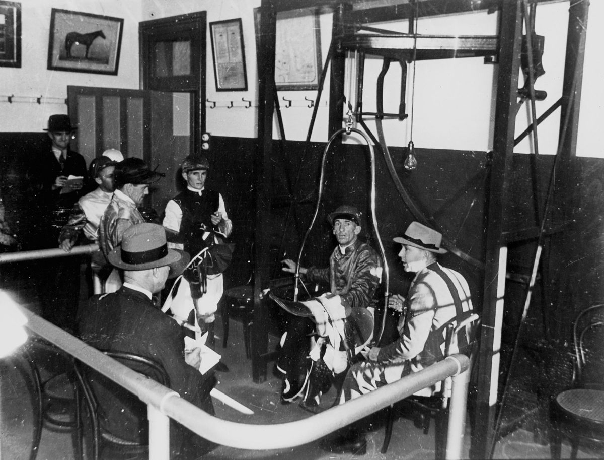 Inside the weighing-in room at Eagle Farm racecourse, Brisbane, May 1941