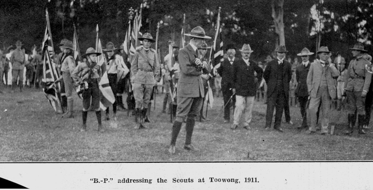 Lord Robert Baden-Powell, founder of the Scouting movement, addressing a group of Scouts at Toowong, Brisbane, 1911
