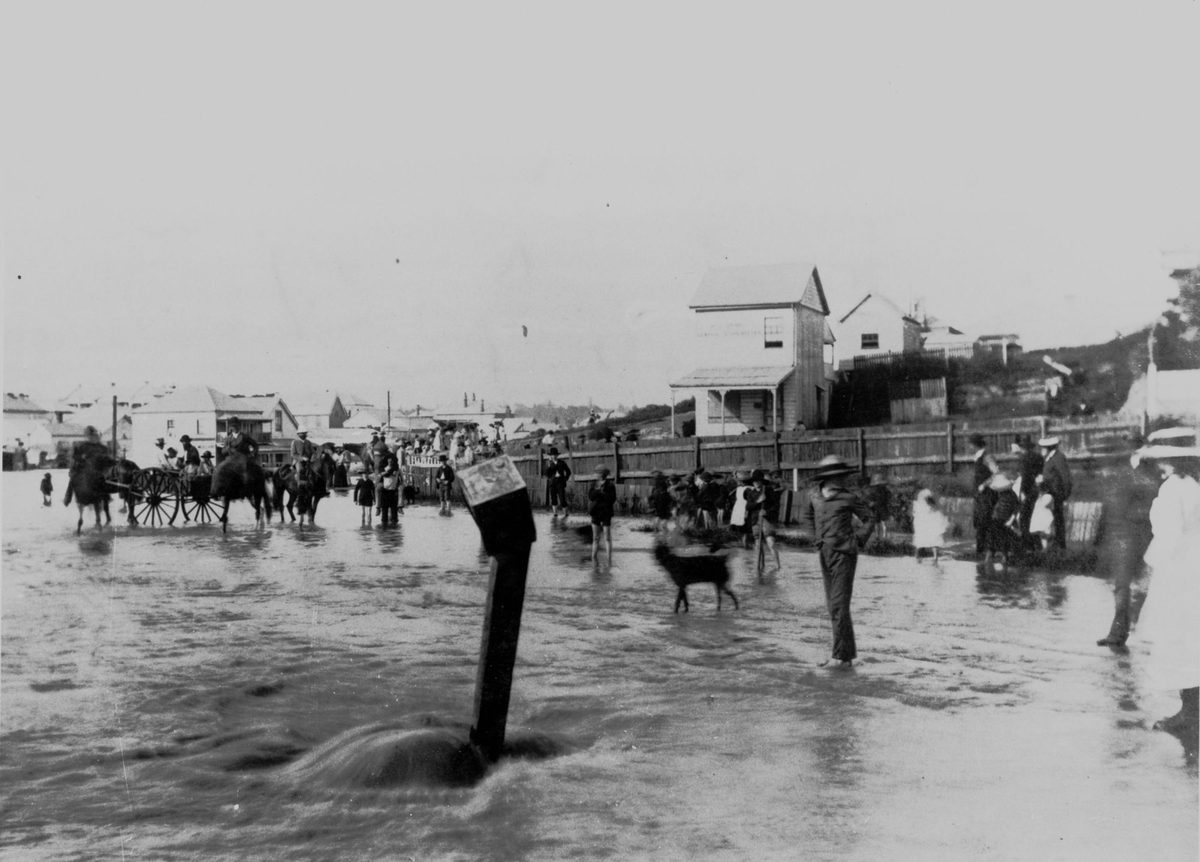 Checking the flood levels in Boundary Street, West End, Brisbane, 1890