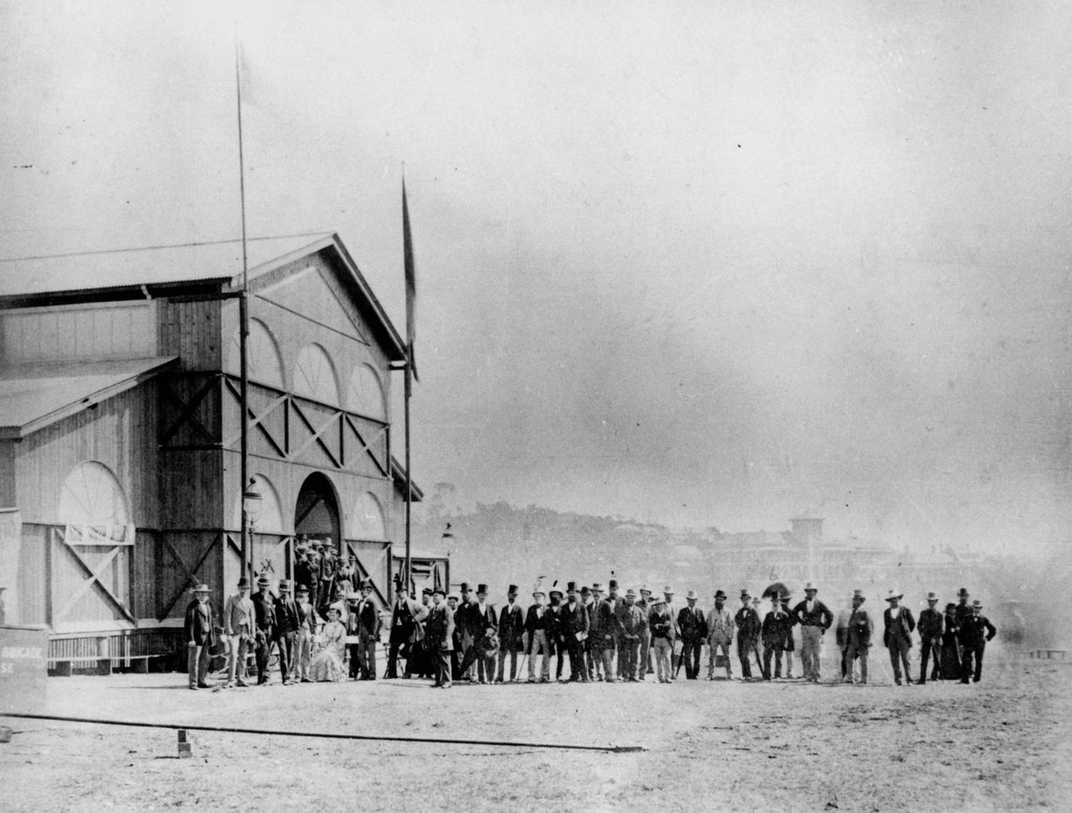 Governor of Queensland, Sir William Cairns, and the official party at the opening of the first Queensland Intercolonial Exhibition in 1876