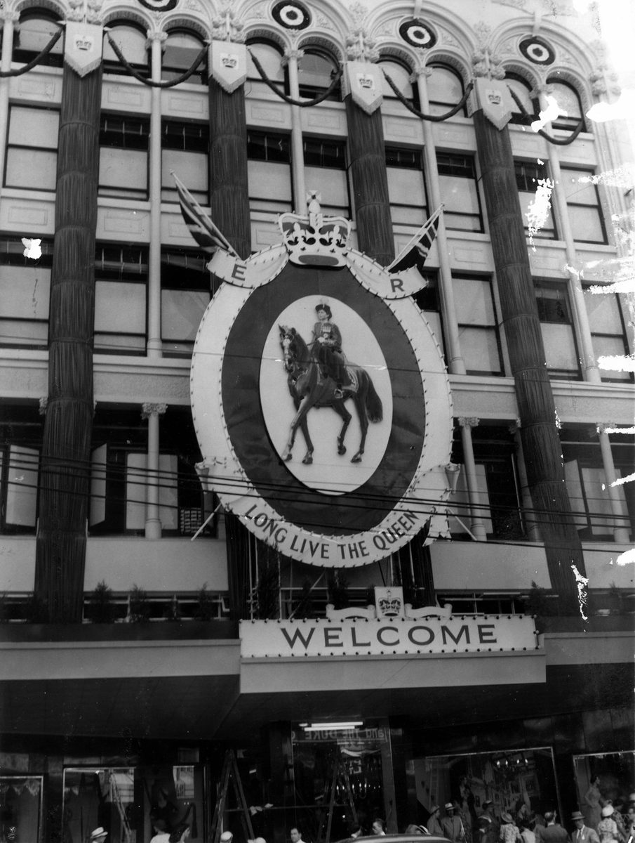 Finney's Building in Queen Street, Brisbane decorated to welcome Queen Elizabeth II in 1954