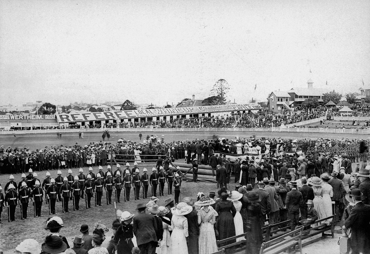 Military parade in front of a large crowd at the Exhibition Ground, Brisbane, 1914