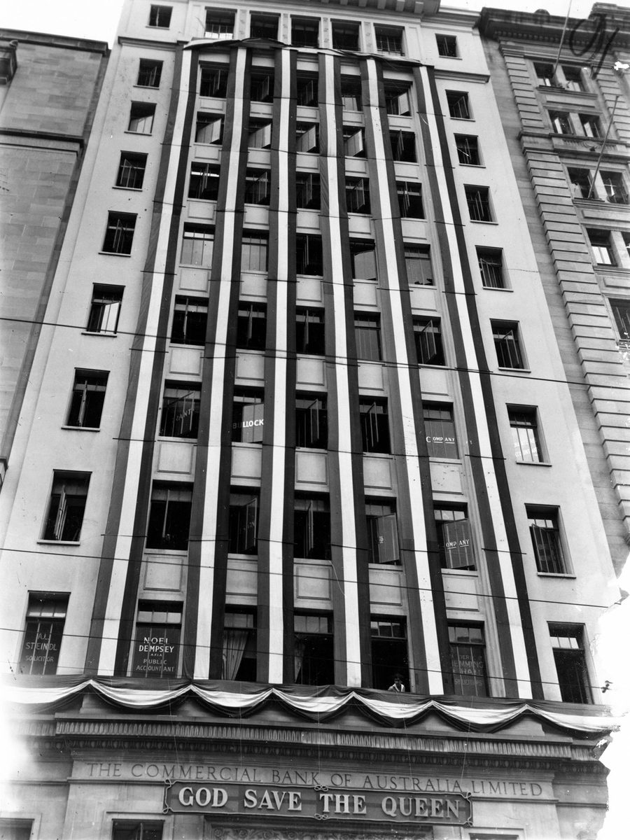 Commercial Bank of Australia decorated to welcome Queen Elizabeth II for her visit in 1954