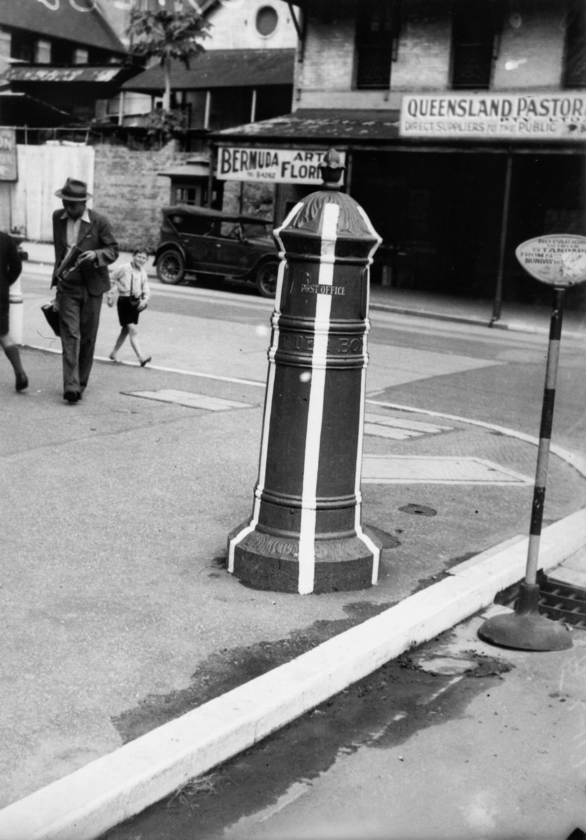 Pillar-box with brown-out stripes, Brisbane, March 1942