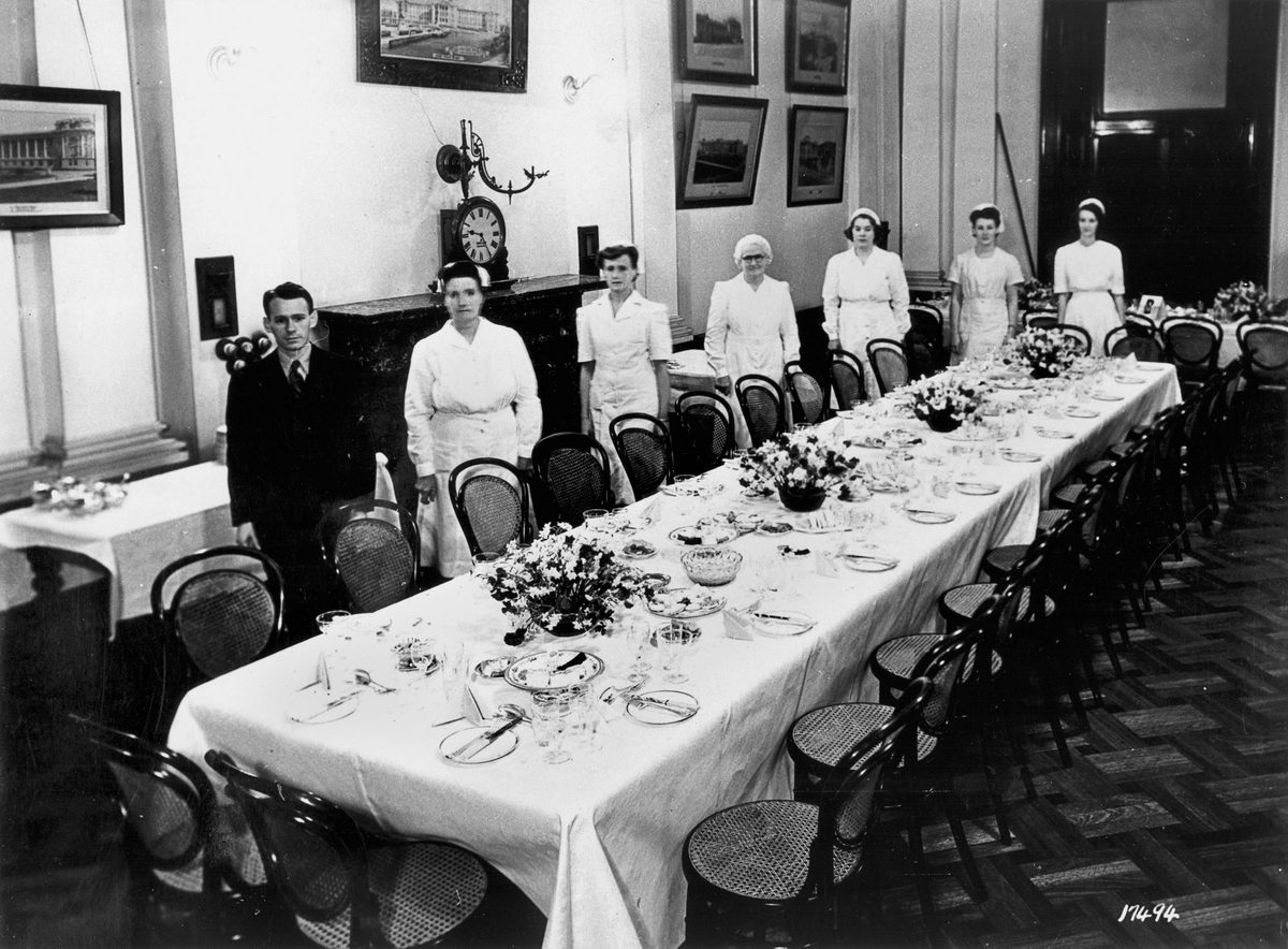 Tables laid for the official party at the State Reception for the Duke and Duchess of Gloucester in Brisbane, June 1945