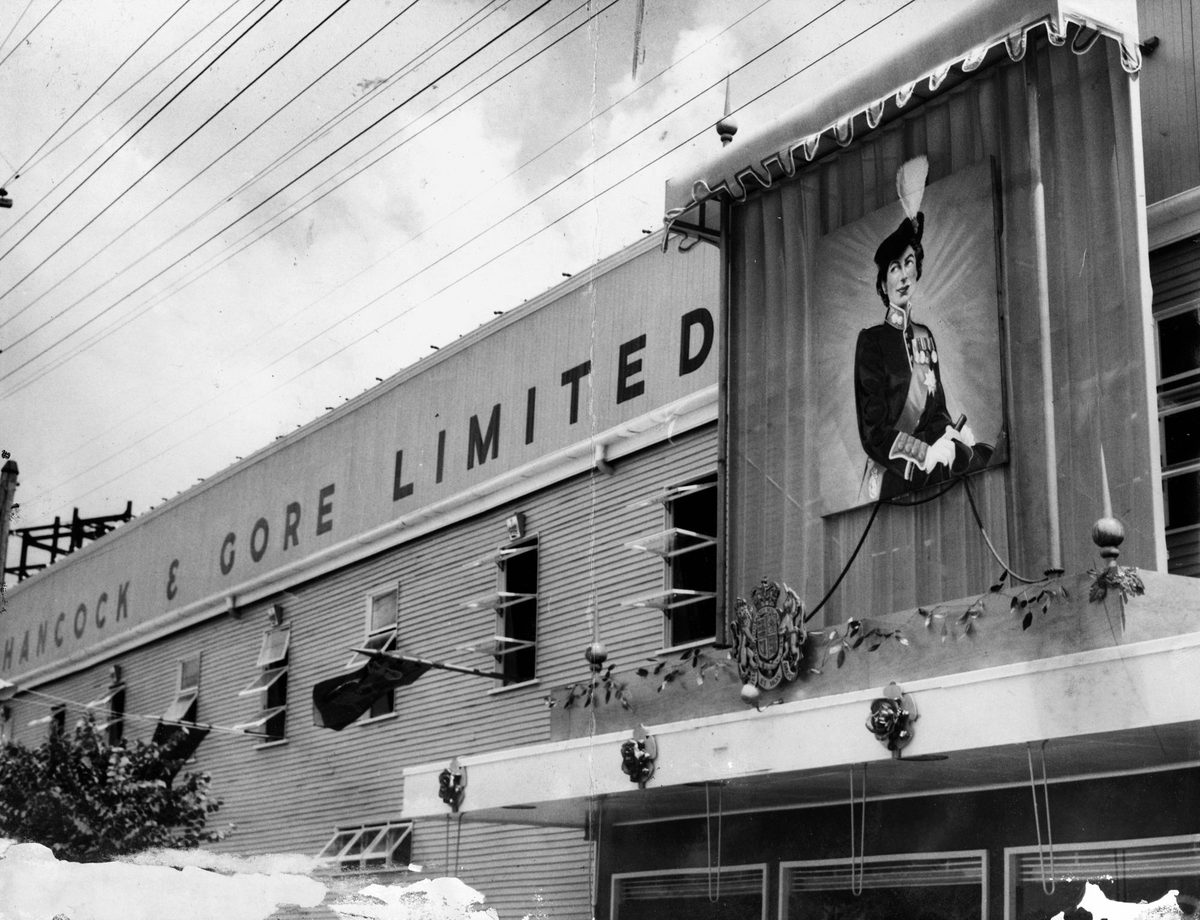 Hancock and Gore Limited decorated their building for visit of Queen Elizabeth II in March 1954
