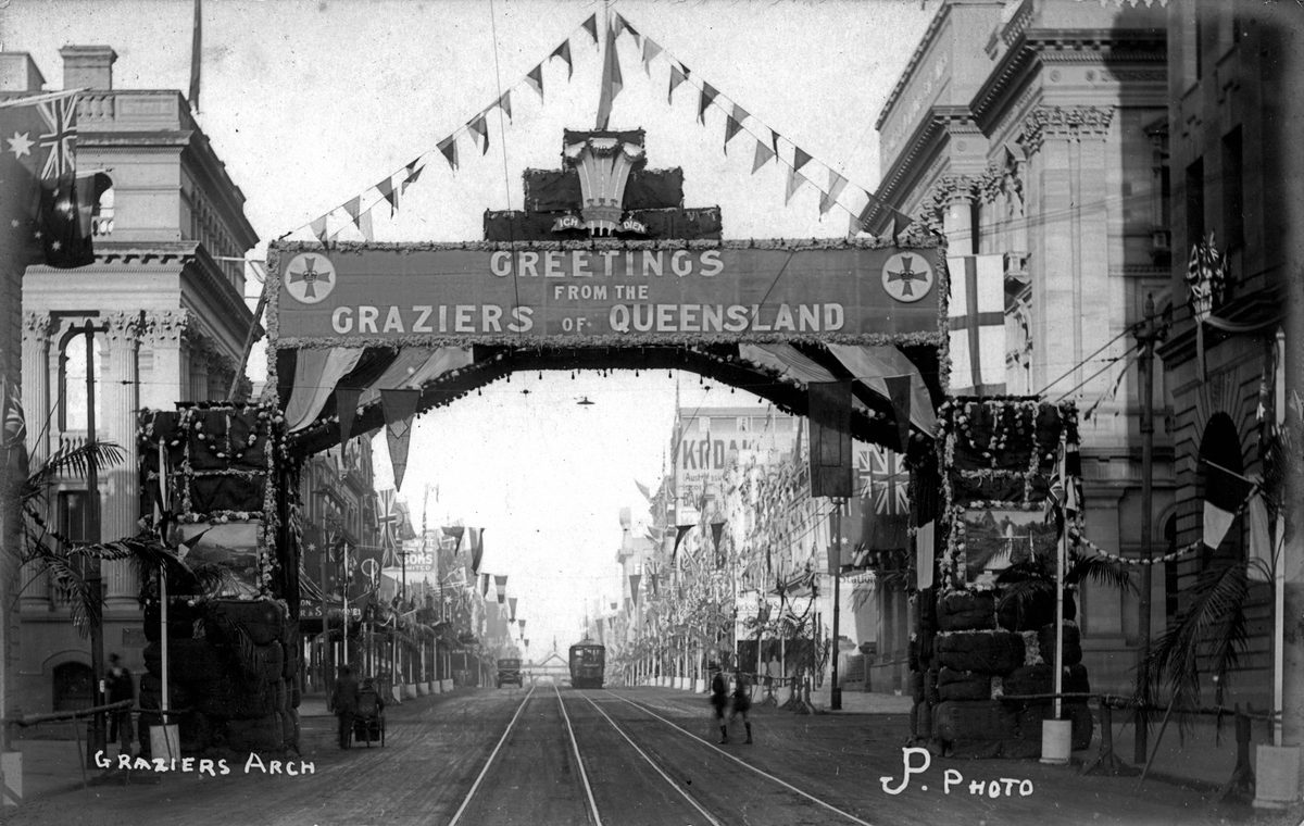 Ceremonial arch erected by the pastoralists of Queensland for the Royal Visit in July 1920