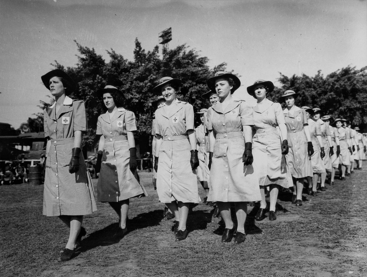 Parade of Voluntary Aid Detachment ladies at the Exhibition Grounds, Brisbane, September 1944