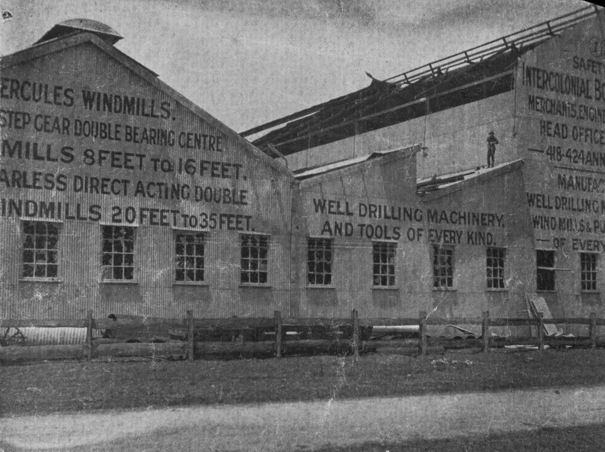 Storm damage to the Intercolonial Boring Company's factory at Yeerongpilly, Brisbane, 1920