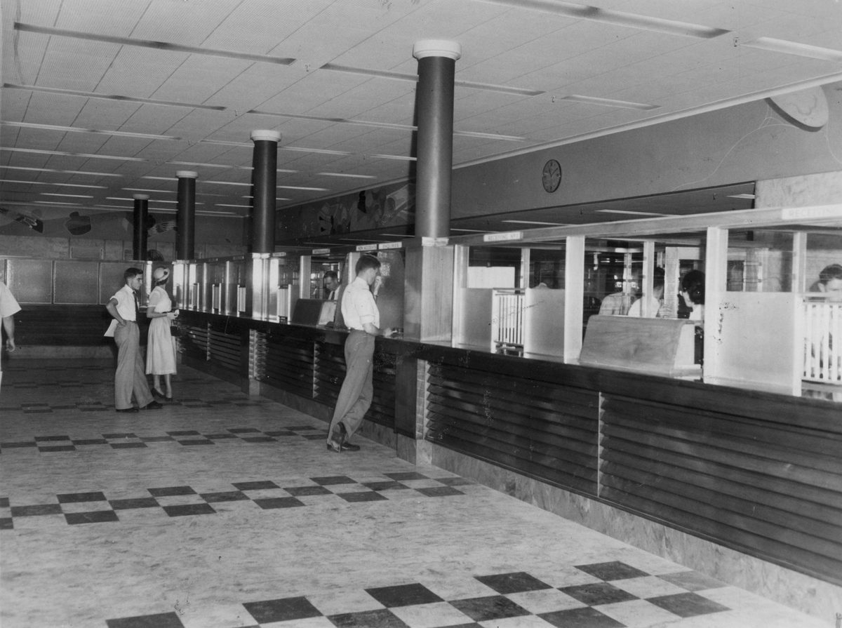 Customer service counter inside the new Commonwealth Bank, Brisbane, 1953
