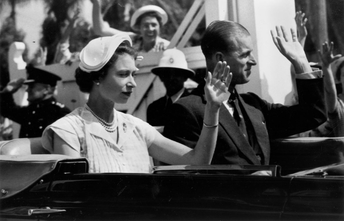 Queen Elizabeth II and Prince Philip en route to Eagle Farm Airport, Brisbane, Queensland, 1954